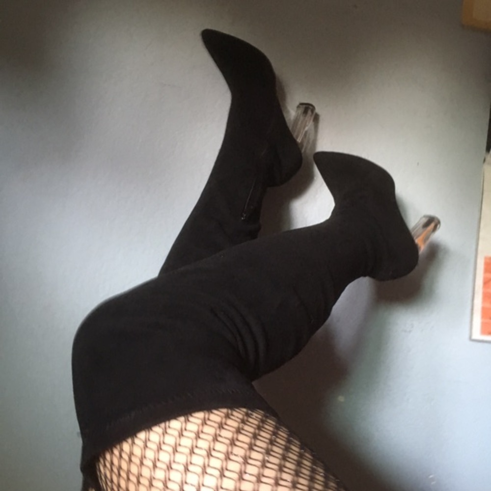 Black Suede Thigh High Boots W/ Clear Heels